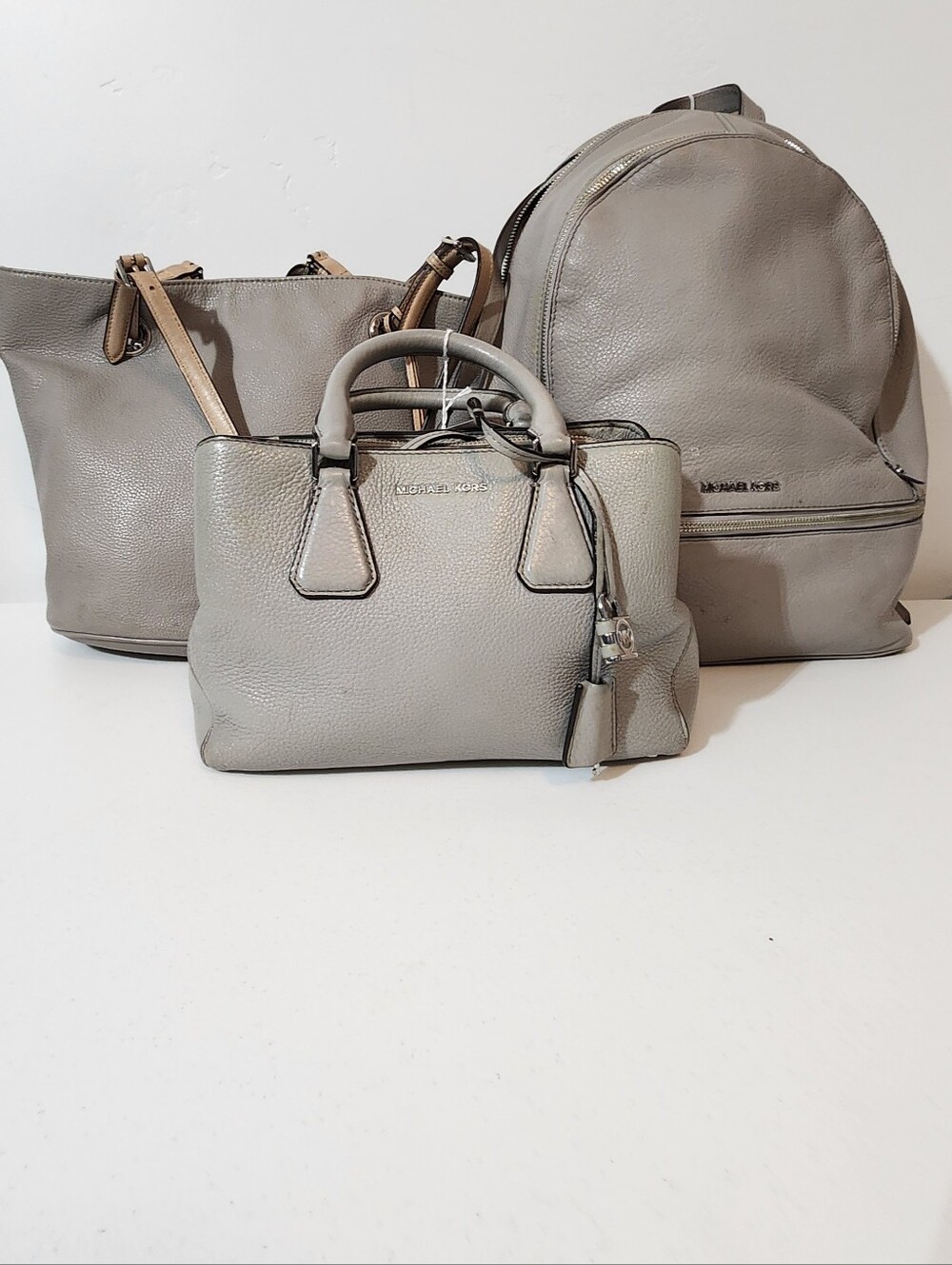 3 Michael Kors Pebbled Leather Satchel and Tote Trio in Taupe Gray